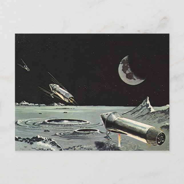 Vintage Science Fiction, Raketenschiff Postkarte (Vorderseite)