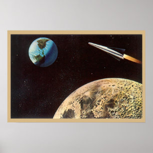 Vintage Science-Fiction, Raketenschiff über dem Mo Poster