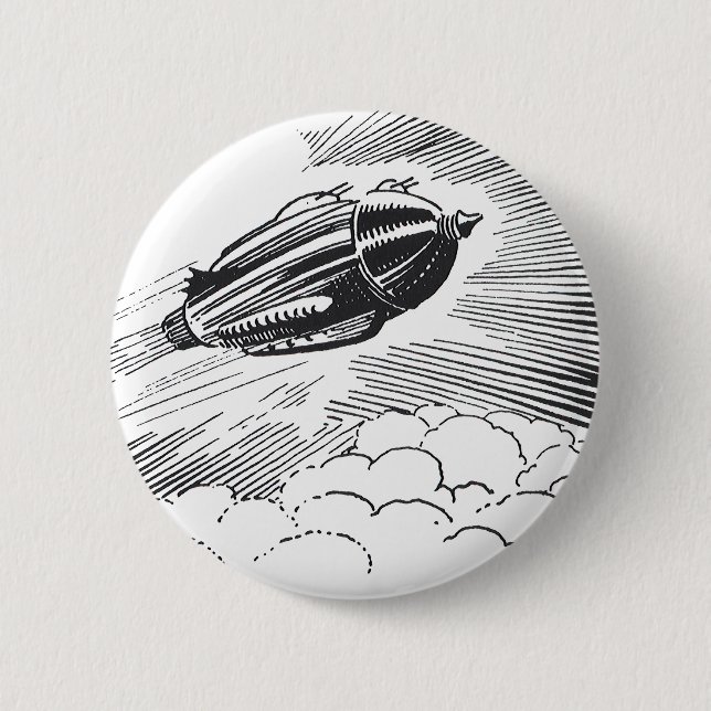 Vintage Science Fiction Raumschiff-Rakete in Wolke Button (Vorderseite)