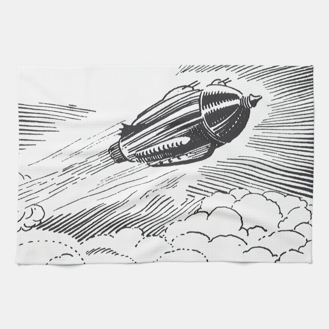 Vintage Science Fiction Raumschiff-Rakete in Wolke Küchentuch (Horizontal)