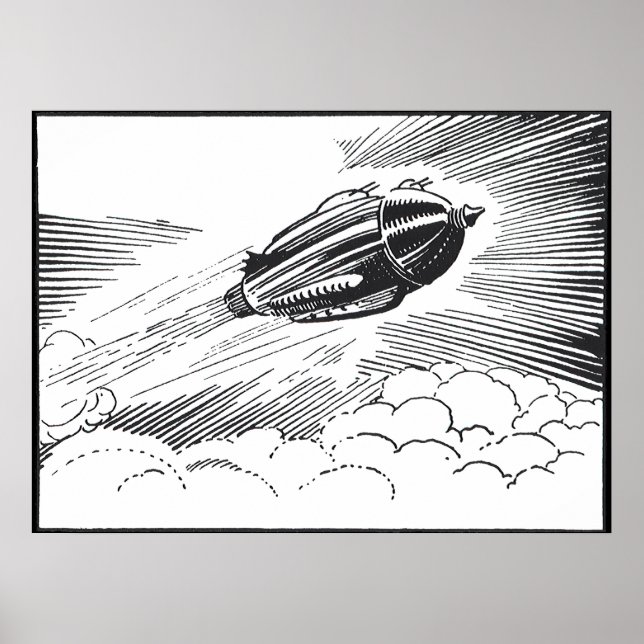 Vintage Science Fiction Raumschiff-Rakete in Wolke Poster (Vorne)