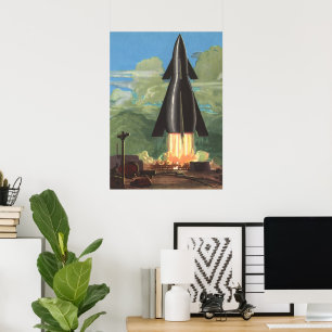 Vintage Science Fiction, Rocket Blasting Off Earth Poster