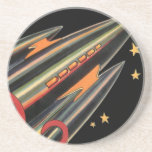 Vintage Science Fiction Sandstein Untersetzer<br><div class="desc">Vintage Illustration futuristischen Weltraum und Planeten Science Fiction Bild. Ein klassisches 50er Retro-Comic Buch sci fi-Gestaltung der Zukunft mit einem Reise-und Transport-Raketenschiff durch den Weltraum vorbei an den Sternen und dem Mond auf dem Weg zurück zur Erde.</div>