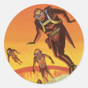 Vintage Science-Fiction, Sci-Fi-Aliens im Vulkan Runder Aufkleber