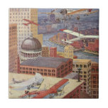 Vintage Science Fiction Stadt, Viktorianischer Ste Fliese<br><div class="desc">Vintage Illustration Dampf punk Viktorianische Science Fiction futuristische Stadt Bild. Die Metropole Paris,  Frankreich in der Zukunft mit fliegenden Autos,  Hubschraubern und Flugzeug für Reisen und Transport. Diese Szene aus Steampunken umfasst Gebäude und die Seine im Hintergrund.</div>