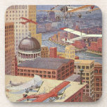 Vintage Science Fiction Stadt, Viktorianischer Ste Getränkeuntersetzer<br><div class="desc">Vintage Illustration Dampf punk Viktorianische Science Fiction futuristische Stadt Bild. Die Metropole Paris,  Frankreich in der Zukunft mit fliegenden Autos,  Hubschraubern und Flugzeug für Reisen und Transport. Diese Szene aus Steampunken umfasst Gebäude und die Seine im Hintergrund.</div>