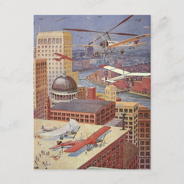 Vintage Science Fiction Stadt, Viktorianischer Ste Postkarte (Vorderseite)