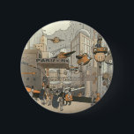 Vintage Science Fiction Urban Paris, Steam Punk Button<br><div class="desc">Vintage Abbildung Viktorianische Dampfpunk Science Fiction futuristische Reise und Transport Metropole Image. Die Stadt Paris,  Frankreich in der Zukunft mit persönlichen großen Flugzeug anstelle von Autos und der Gare du Nord Metro Bahnhof.</div>