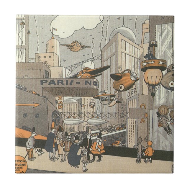 Vintage Science Fiction Urban Paris, Steam Punk Fliese (Vorderseite)