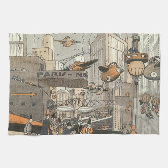 Vintage Science Fiction Urban Paris, Steam Punk Handtuch (Horizontal)