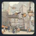 Vintage Science Fiction Urban Paris, Steam Punk Quadratischer Aufkleber<br><div class="desc">Vintage Abbildung Viktorianische Dampfpunk Science Fiction futuristische Reise und Transport Metropole Image. Die Stadt Paris,  Frankreich in der Zukunft mit persönlichen großen Flugzeug anstelle von Autos und der Gare du Nord Metro Bahnhof.</div>
