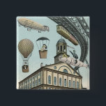 Vintage Science Fiction, Viktorianischer Dampfpunk Button<br><div class="desc">Vintage Darstellung von Reisen und Transport futuristischen Science Fiction mit Menschen, die mit Dickhäusern, Blitzen, Heißluftballons, einem invertierten Zug und einem antiken Cabrio Auto in einer Viktorianischen Dampfpunk Retro städtischen Metropole.</div>