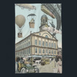 Vintage Science Fiction, Viktorianischer Dampfpunk Handtuch<br><div class="desc">Vintage Darstellung von Reisen und Transport futuristischen Science Fiction mit Menschen,  die mit Dickhäusern,  Blitzen,  Heißluftballons,  einem invertierten Zug und einem antiken Cabrio Auto in einer Viktorianischen Dampfpunk Retro städtischen Metropole.</div>