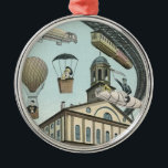 Vintage Science Fiction, Viktorianischer Dampfpunk Ornament Aus Metall<br><div class="desc">Vintage Darstellung von Reisen und Transport futuristischen Science Fiction mit Menschen,  die mit Dickhäusern,  Blitzen,  Heißluftballons,  einem invertierten Zug und einem antiken Cabrio Auto in einer Viktorianischen Dampfpunk Retro städtischen Metropole.</div>