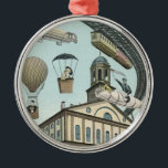 Vintage Science Fiction, Viktorianischer Dampfpunk Ornament Aus Metall<br><div class="desc">Vintage Darstellung von Reisen und Transport futuristischen Science Fiction mit Menschen,  die mit Dickhäusern,  Blitzen,  Heißluftballons,  einem invertierten Zug und einem antiken Cabrio Auto in einer Viktorianischen Dampfpunk Retro städtischen Metropole.</div>