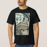 Vintage Science Fiction, Viktorianischer Dampfpunk T-Shirt<br><div class="desc">Vintage Darstellung von Reisen und Transport futuristischen Science Fiction mit Menschen,  die mit Dickhäusern,  Blitzen,  Heißluftballons,  einem invertierten Zug und einem antiken Cabrio Auto in einer Viktorianischen Dampfpunk Retro städtischen Metropole.</div>