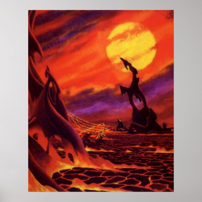 Vintage Science Fiction Vulkan Planet w Red Lava Poster (Vorne)