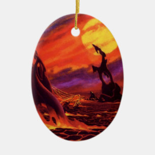 Vintage-Science-Fiction-Vulkanplanet mit roter Lav Keramik Ornament