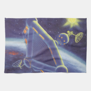 Vintage-Science-Fiction-Weltraumstation auf Umlauf Geschirrtuch