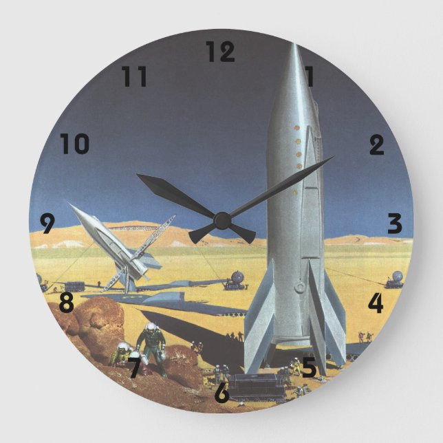Vintage Science Fiction Wüstenplanet mit Raketen Große Wanduhr (Vorderseite)
