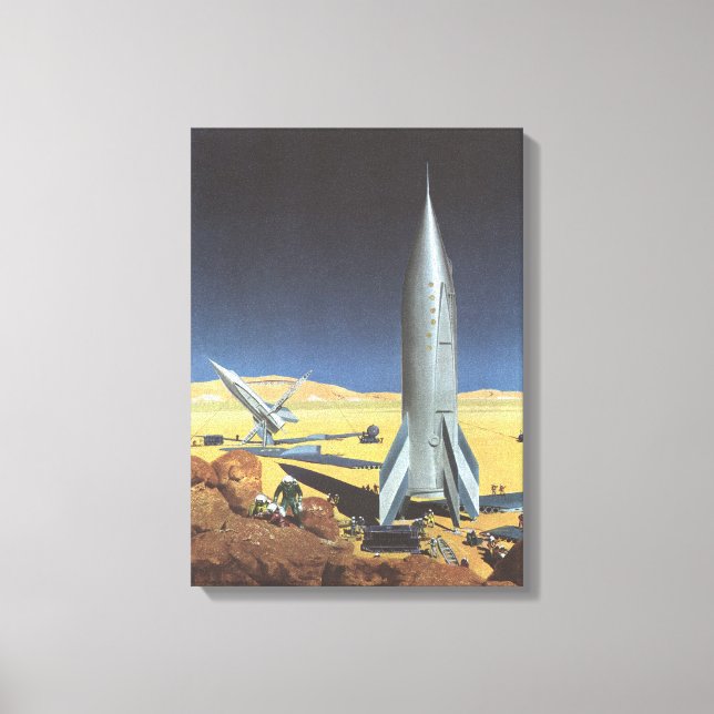 Vintage Science Fiction Wüstenplanet mit Raketen Leinwanddruck (Vorderseite)