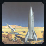 Vintage Science Fiction Wüstenplanet mit Raketen Quadratischer Aufkleber<br><div class="desc">Vintage Illustration futuristischen Weltraum und Planeten Science Fiction Raketenbild. Eine Reise-und Transport-Retrosci-Fi-Rocketship auf einem fremden Planeten oder Mond mit Astronauten,  die das Terrain auf dieser unbekannten Welt der Alien erforschen. Ein klassischer 50er Retro-Comic Buch sci fi Design der Zukunft.</div>