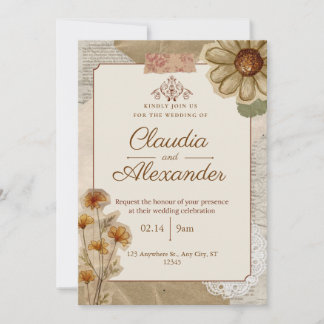 Vintage Scrapbook Botanical Wedding Invitation Einladung
