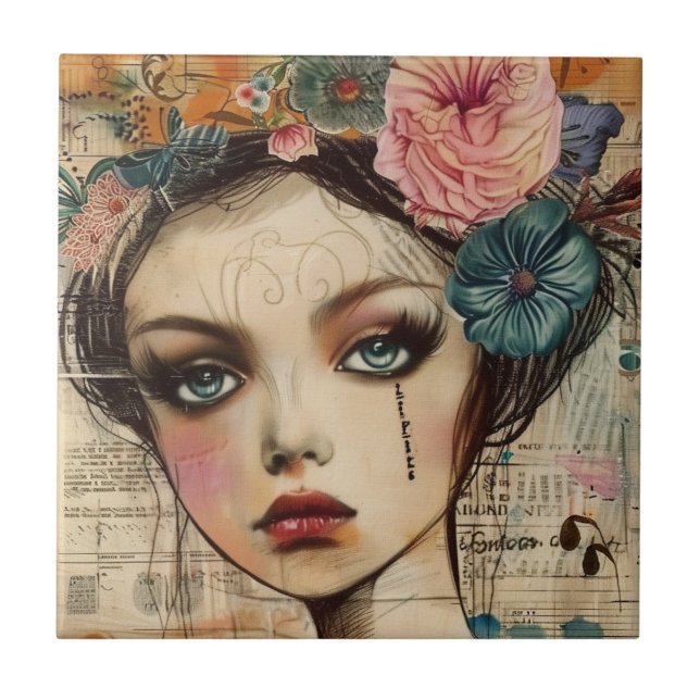 Vintage-Scrapbook-Collage-Gesicht (9) Fliese (Vorderseite)