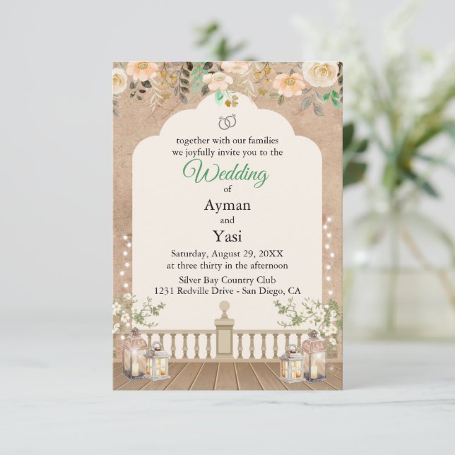 Vintage Scrapbook Wedding Invite Pressed Flowers RSVP Karte (Stehend Vorderseite)