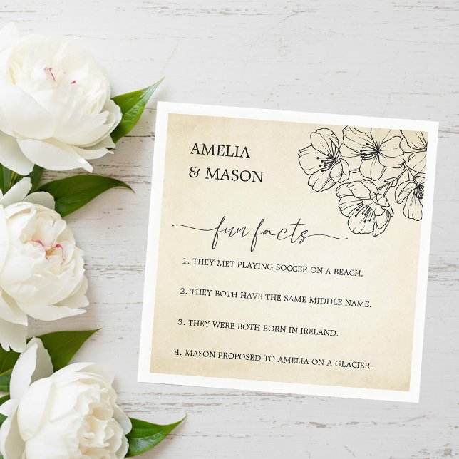 Vintage Script Floral Fun Facts Wedding  Serviette (Vintage Script Floral Fun Facts Wedding Napkins)