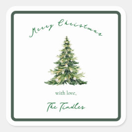 Vintage Script Green Gold Christmas Tree Address  Quadratischer Aufkleber