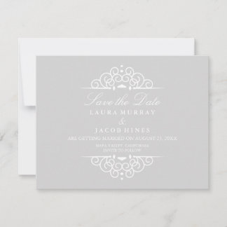 Vintage Scroll-Hochzeit in Grau und Weiß speichert Save The Date