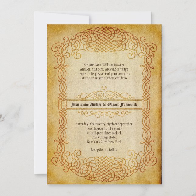 Vintage Scrolls Verzierte Bilderbuchhochzeit Einladung (Vorderseite)