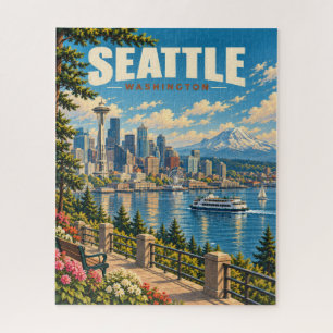 Vintage Seattle Skyline Mount Rainier