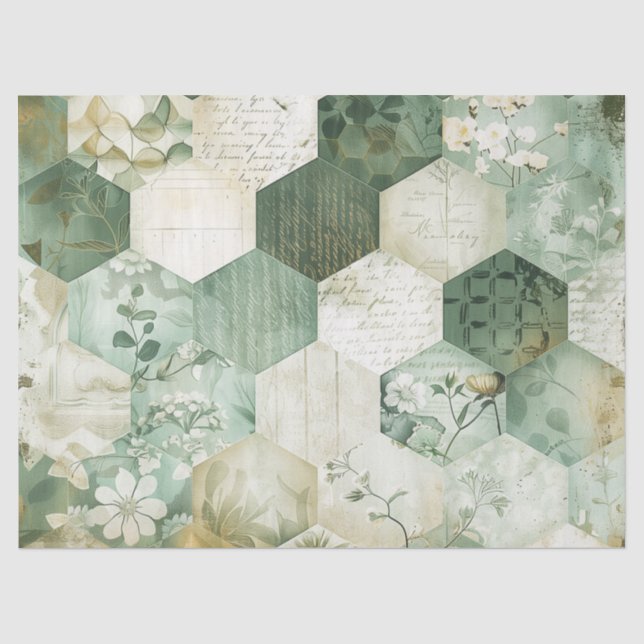 Vintage Sechseck-Botanik-Patchwork Seidenpapier (Vorderseite)