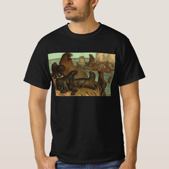 Vintage Seelöwen am Strand, Meerestiere T-Shirt (Vorderseite)