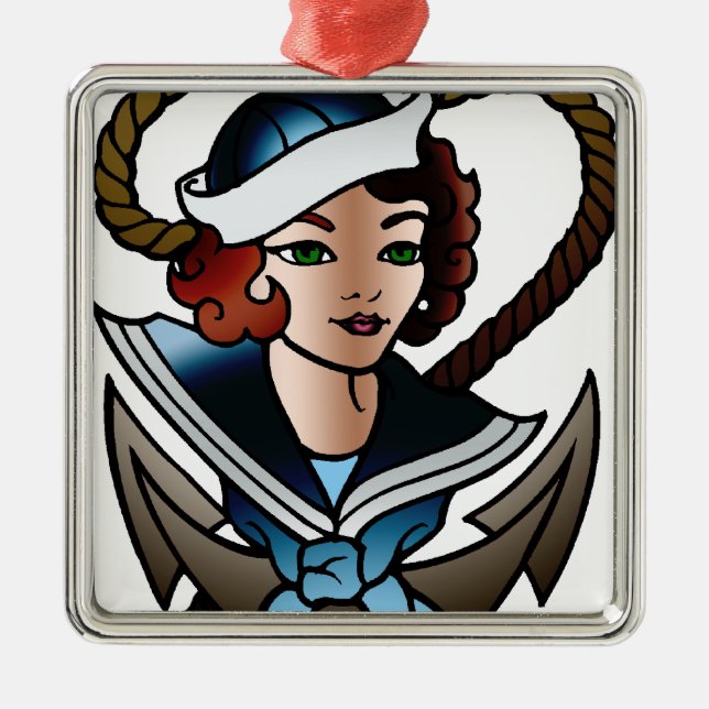 Vintage Seemannmädchen-Marinetätowierung Ornament Aus Metall (Vorne)