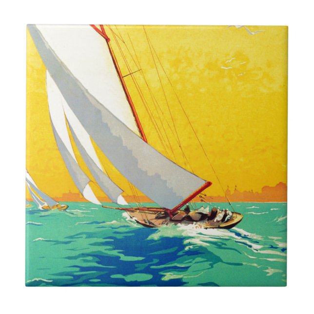 Vintage Segelboote Französisch Reisen Fliese (Vorderseite)