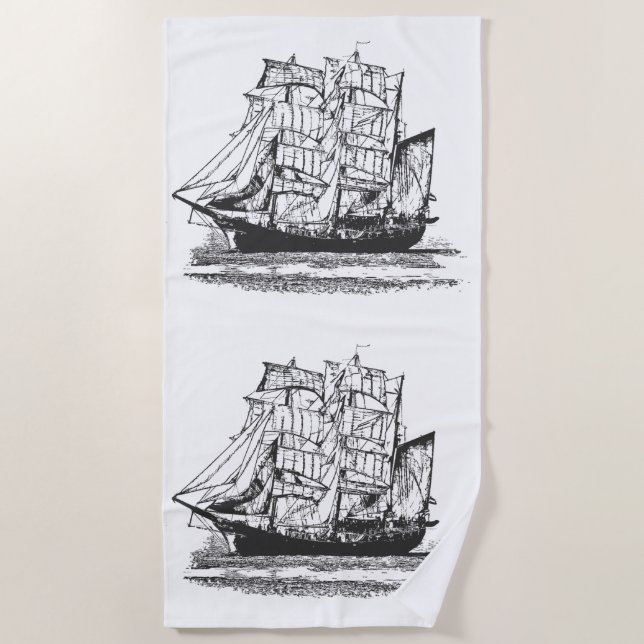 Vintage Segelschiff-Linie Zeichnend Segelboot Strandtuch (Vorderseite)