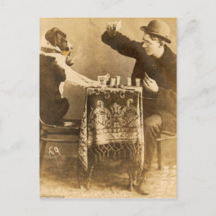Vintage Sepia Homme Jouer Cartes Chien Fumer Pipe
