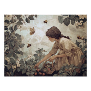 Vintage Sepia Mädchen Schmetterling Garten Kunst Poster