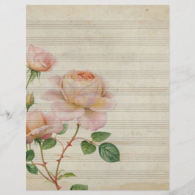 Vintage Sepia-Musiknoten mit rosa Rosa (Vorderseite)