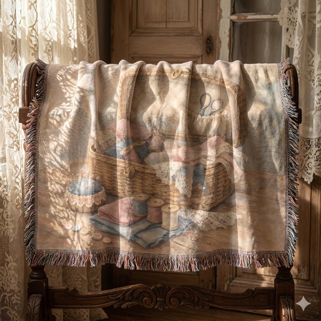 Vintage Sewing Basket Cottagecore Pastel Decke (Vintage Sewing Basket Cottagecore Pastel Throw Blanket)