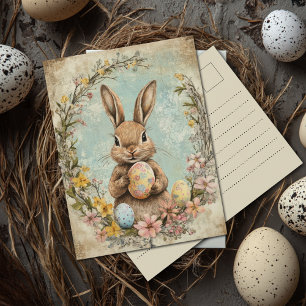 Vintage Shabby Wasserfarben Osterhase Blumen Postkarte
