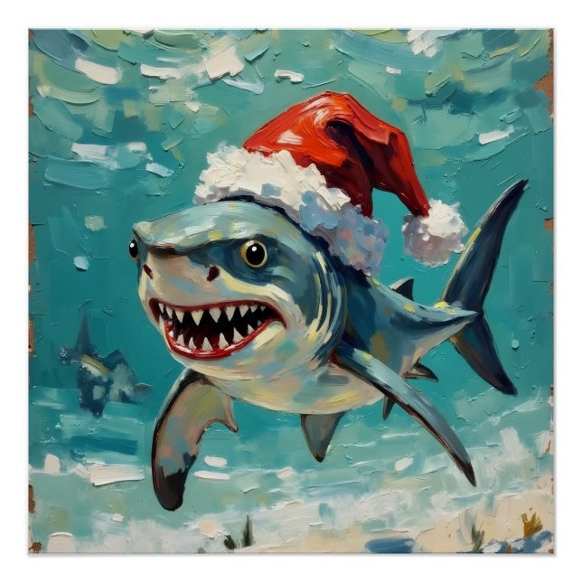 Vintage Shark with Santa Hat Christmas Art Poster (Vorderseite)