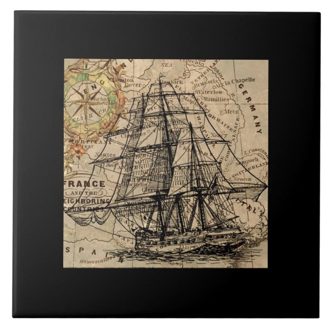 Vintage Ship And Map Fliese (Vorderseite)