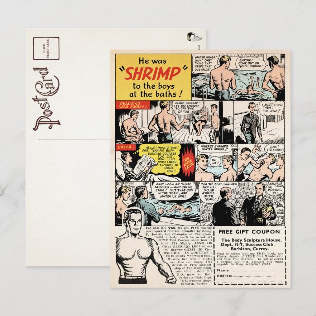 Vintage Shrimp-Muskeln und Postkarte (Vorne/Hinten)