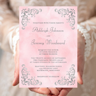 Vintage Silber-Rosa Wasserfarbenen Hochzeit Einladung