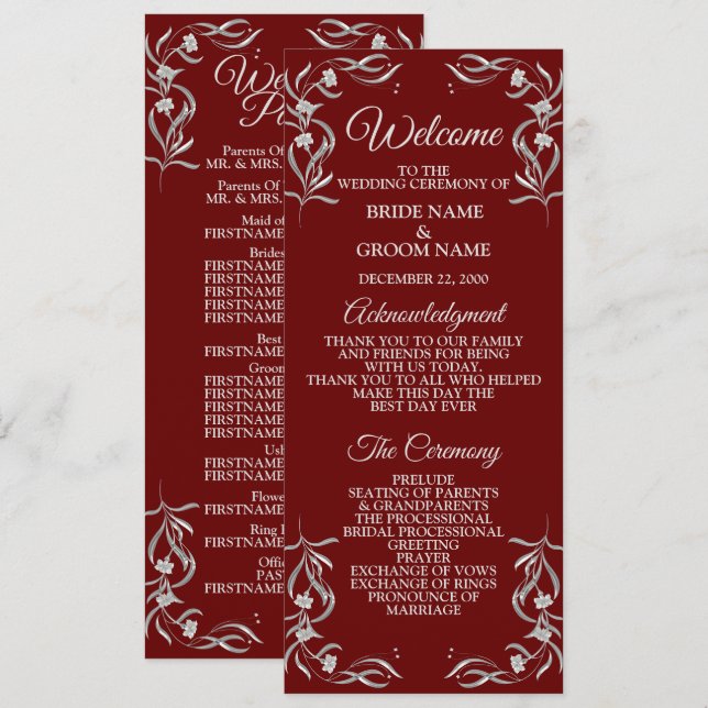 Vintage Silberflorale Muster Rote Elegante Hochzei Programm (Vorne/Hinten)
