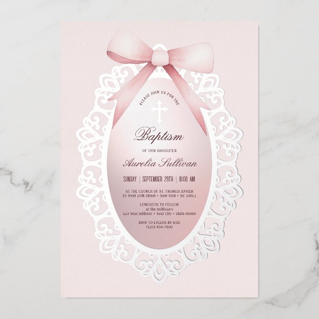 Vintage Silver Frame Rosa Bow Taufe Folieneinladung (Vorderseite)